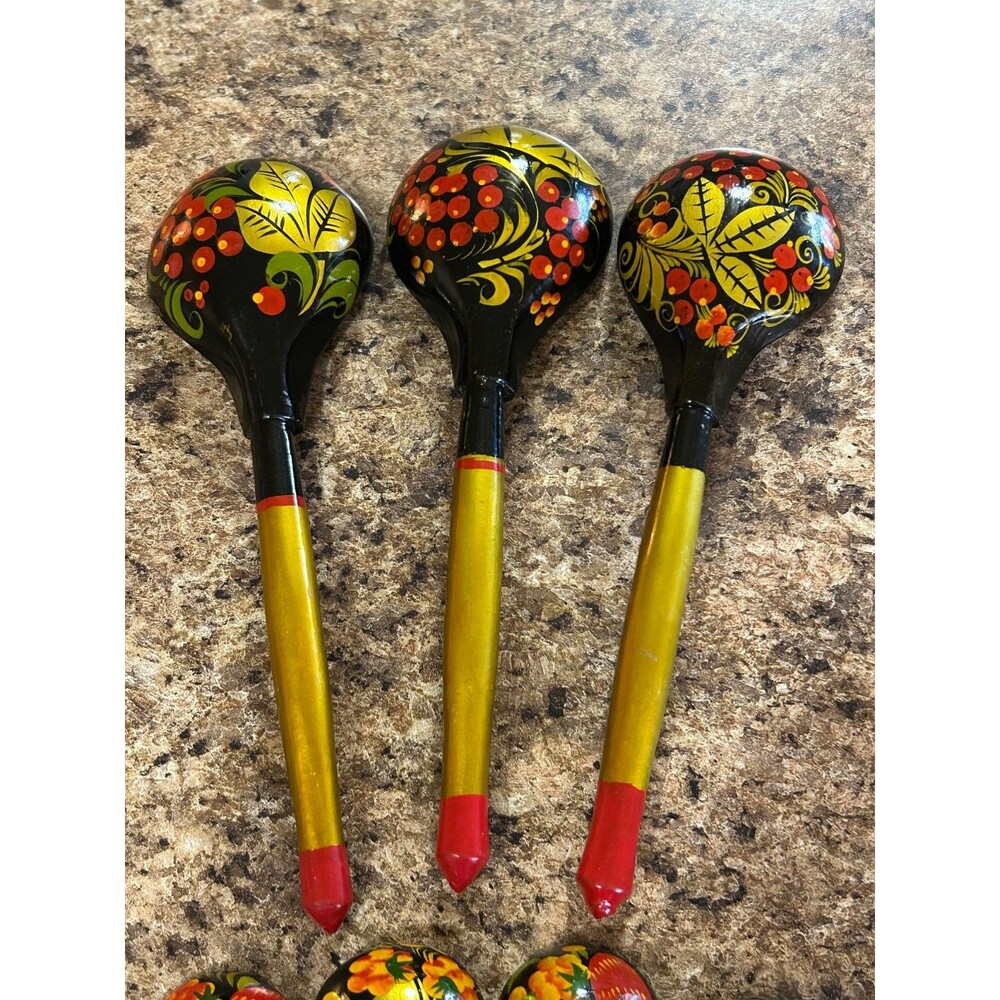 Lot Of 9 Vintage Khokhloma Russian Wooden Lacquer Hand Painted Spoons - Picture 7 of 7